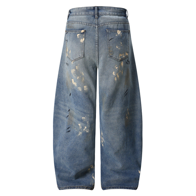 Distressed Splatter Paint Tapered Denim Pants Wide Leg Floor Length Long Pants