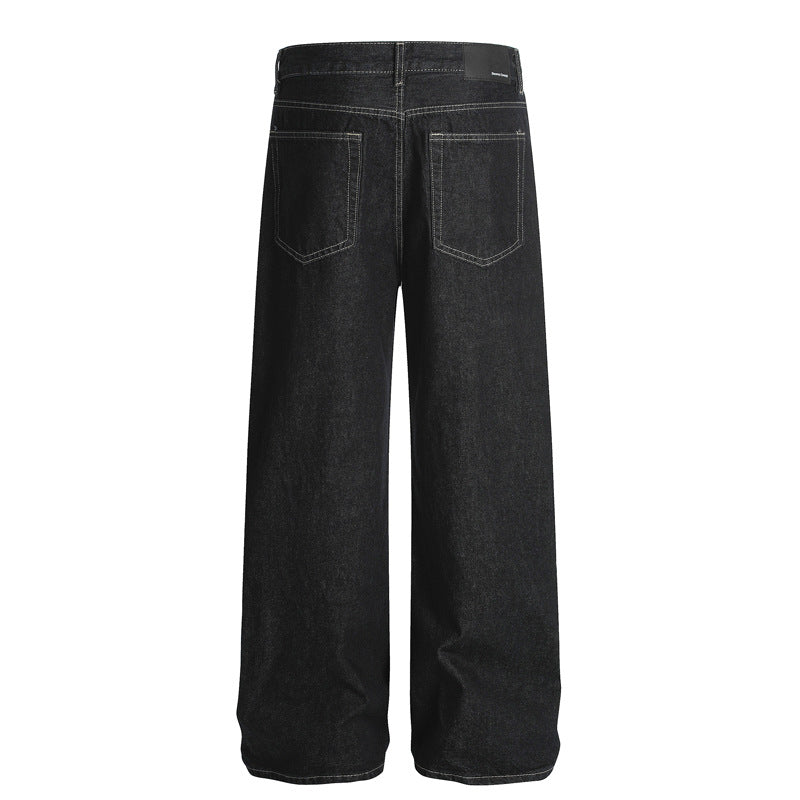 Street Style Original Denim Color Distressed Snap Button Design Clean Fit Loose Straight Leg Long Pants