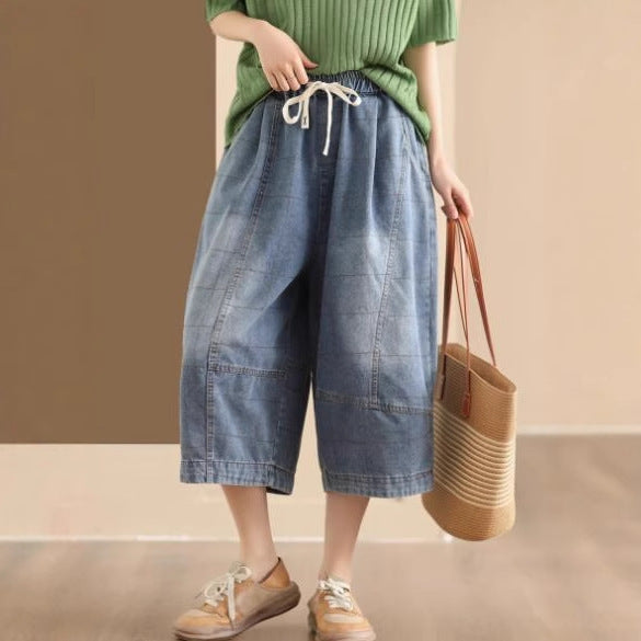 Vintage Washed Denim Wide-Leg Pants with Diamond Patchwork Seven-Quarter Length Loose and Slimming Skirt Trousers Casual Pants