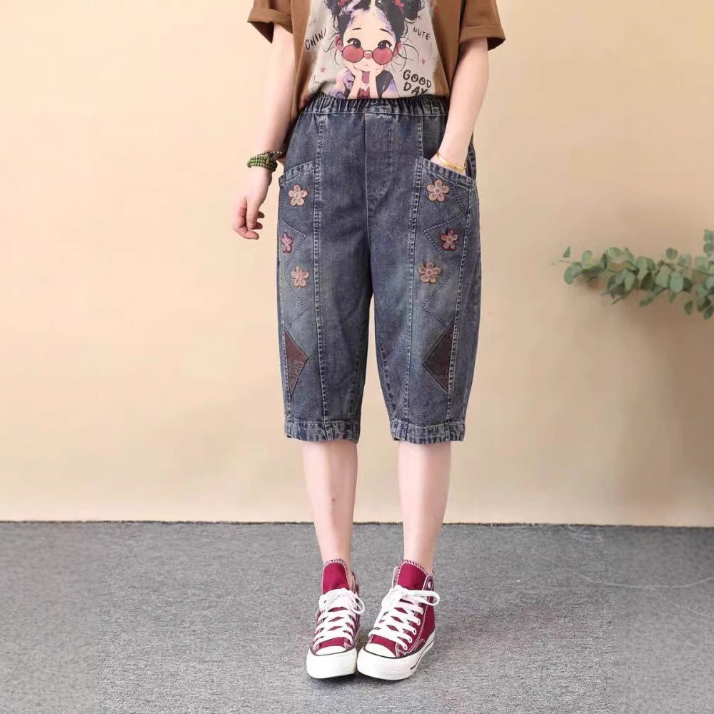Vintage Ethnic Style Small Embroidered Denim Versatile Women's Loose Plus Size Heart Embroidered Capri Pants Thin