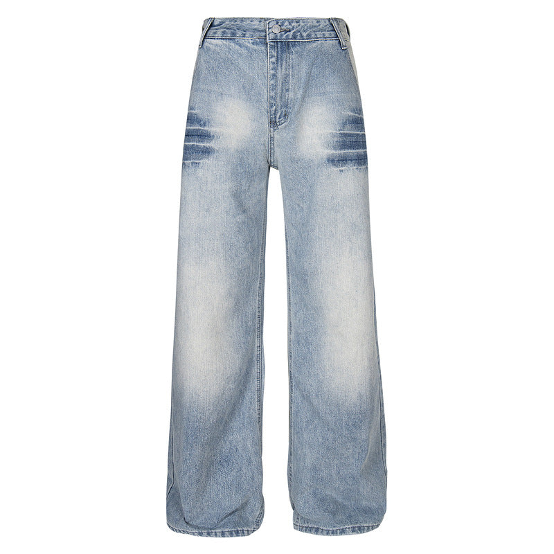Washed Light Color Faded Lightning Pattern Denim Trousers Straight Leg Floor-Length Couples