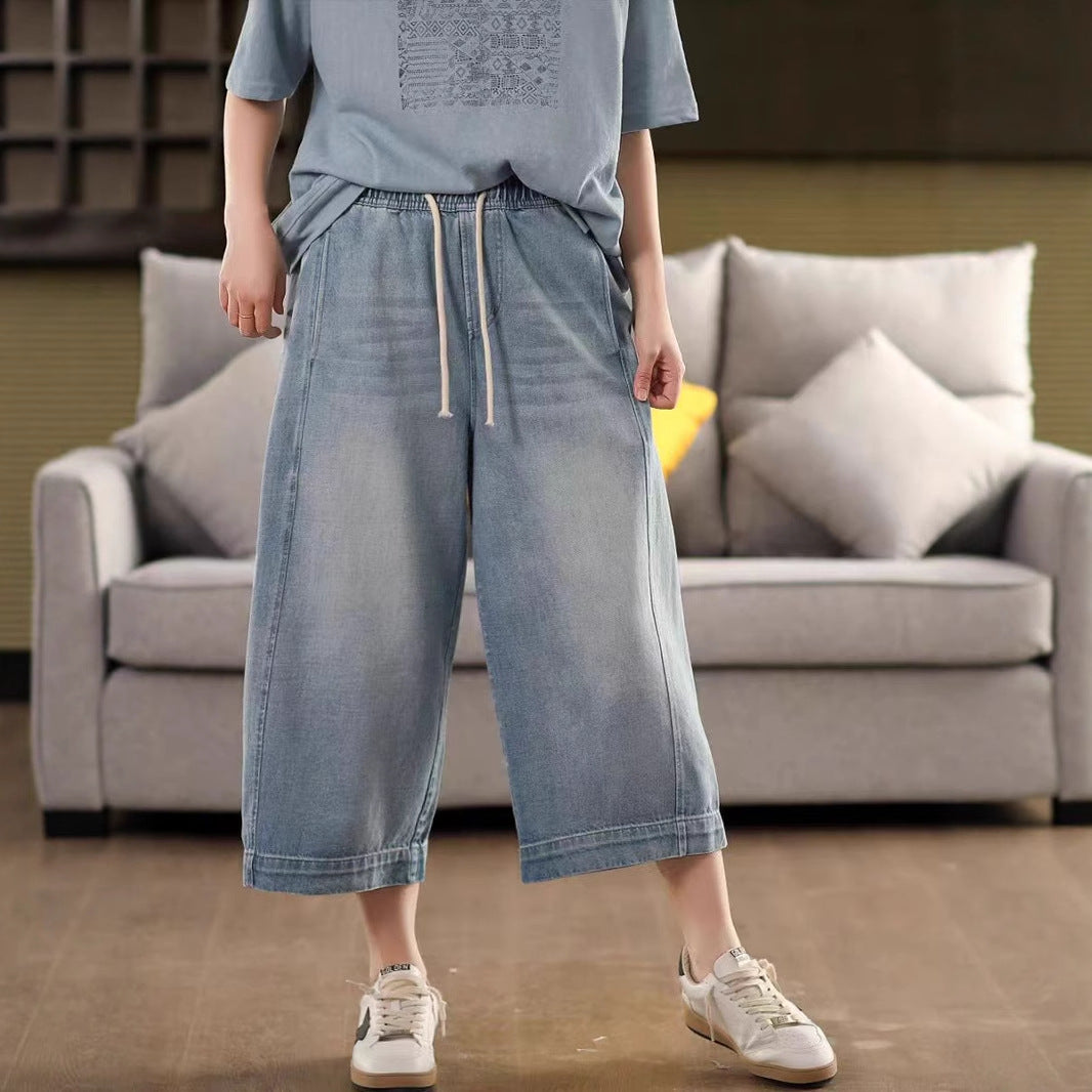 Retro Faded Washed Cotton Denim Trousers for Women Elastic Waist Slimming Loose Straight Leg Three-Quarter Pants Summer