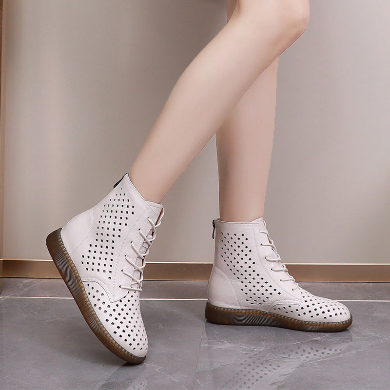 Flat bottomed soft leather perforated boots versatile oversized retro hollowed out Martin boots for women