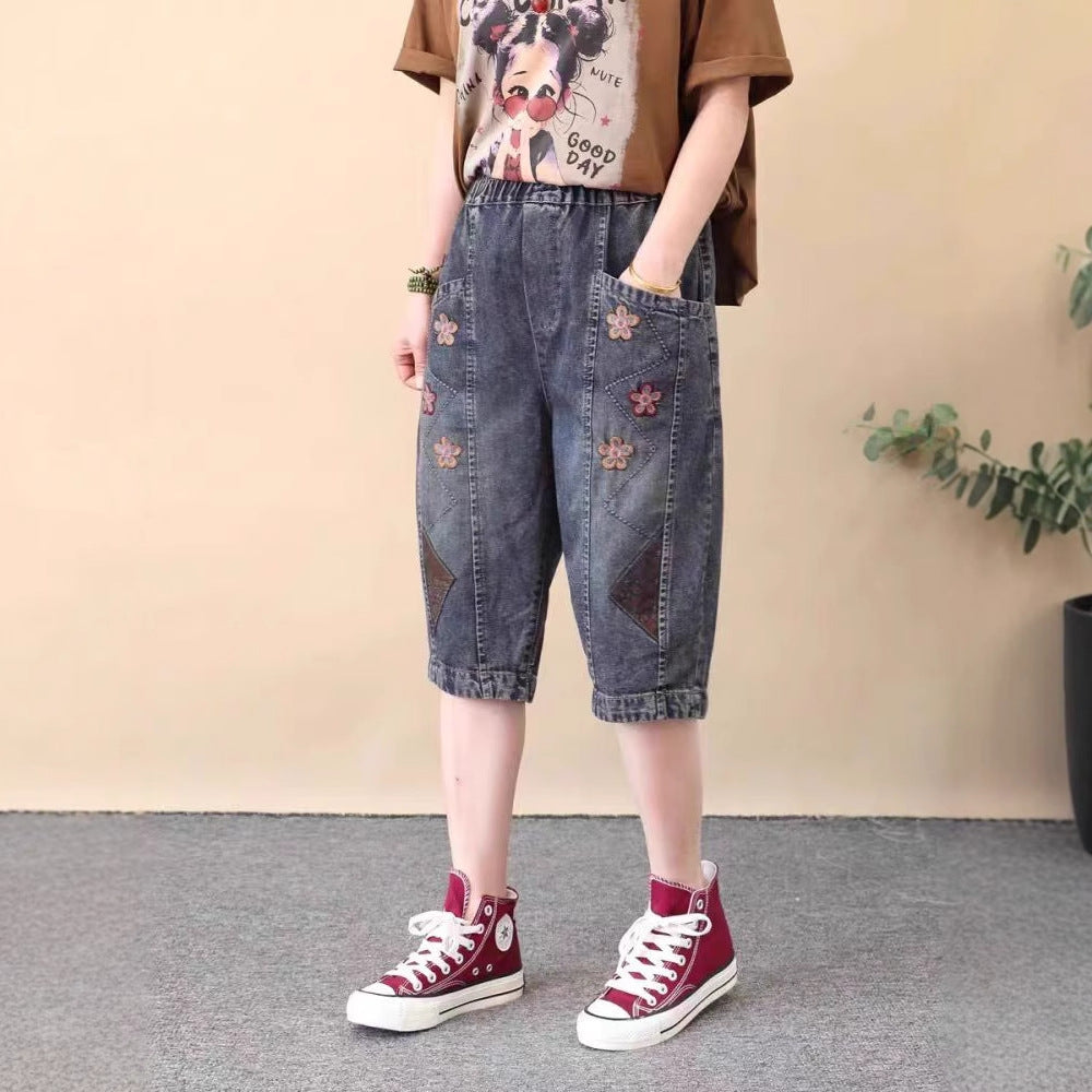 Vintage Ethnic Style Small Embroidered Denim Versatile Women's Loose Plus Size Heart Embroidered Capri Pants Thin