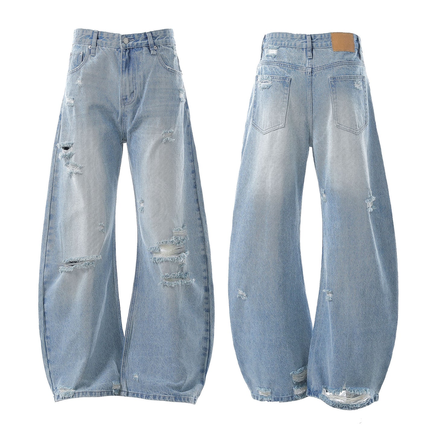 Washed Blue Premium Distressed Design Loose Tapered Jeans for Men