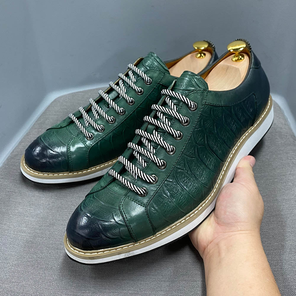 European Style Men's Casual Shoes Real Cow Leather Green Black Fashion Designer Luxury Crocodile Print Street Flat Shoes for Men