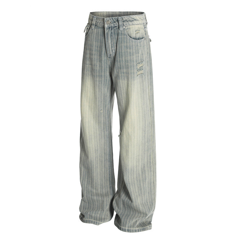 Streetwear Vintage Vertical Striped Distressed Denim Pants Unisex Loose Cleanfit High Street Trousers