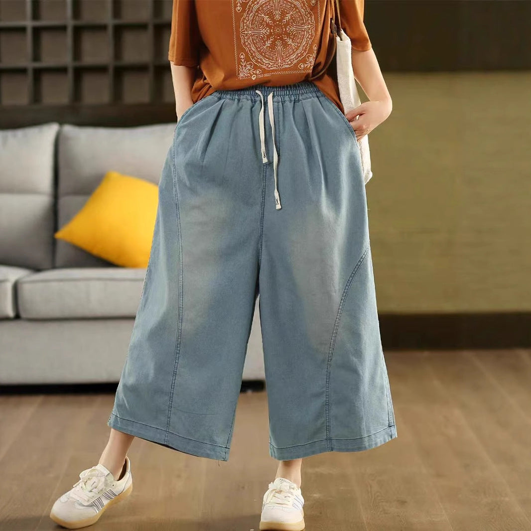 Colorful Faded Cotton Denim Wide Leg Pants for Women with Bleached Patchwork Straight Leg Trousers Thin Summer Nine-Point Pants