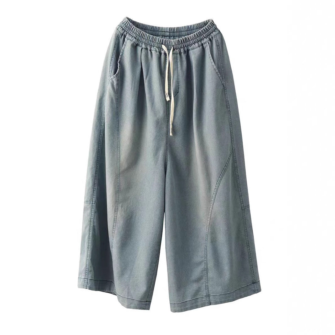 Colorful Faded Cotton Denim Wide Leg Pants for Women with Bleached Patchwork Straight Leg Trousers Thin Summer Nine-Point Pants