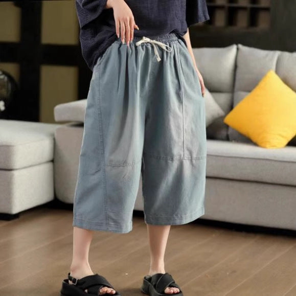 Retro Cotton Denim Pants Women's Water-Washed Faded Loose Casual Trousers 3D Patchwork Slimming Capri Pants