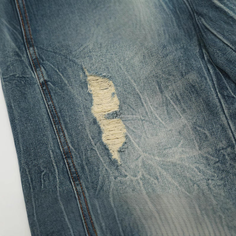 Street Trendy Distressed Denim Pants for Men Loose Straight Design Washed Floor-Length Wide-Leg Trousers