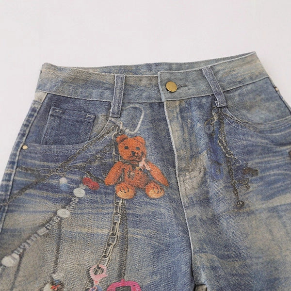 Spray painted chain teddy bear wide leg jeans