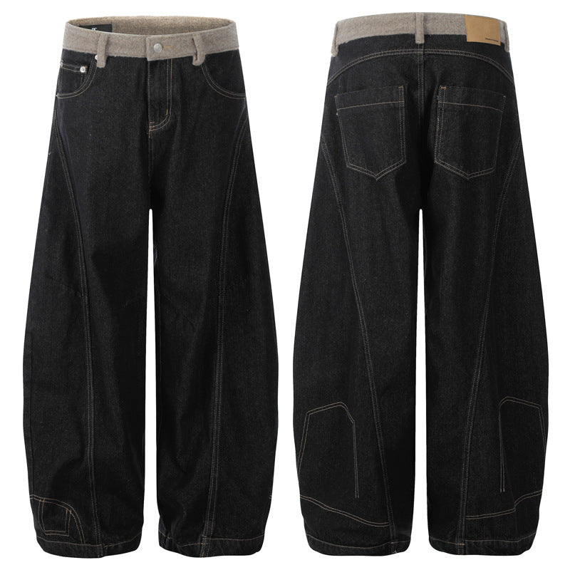 Street Style Reversible Design Men's Jeans Water Washed Vintage Waist Spliced Fleece Straight Leg Wide Leg Tapered