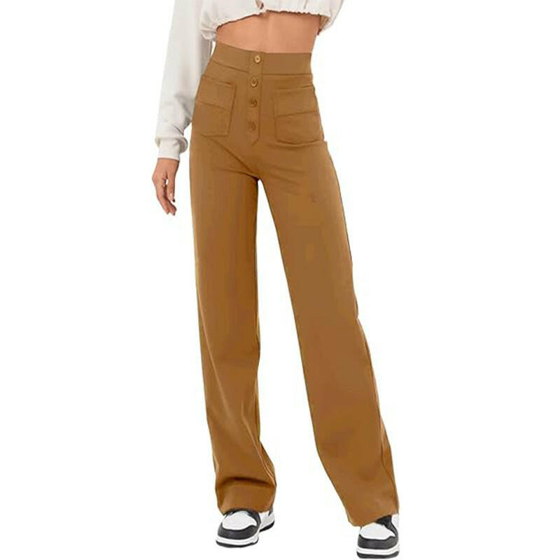 High Waist Trousers With Pockets Casual Loose Wide Leg Button Straight Pants Women's Clothing.