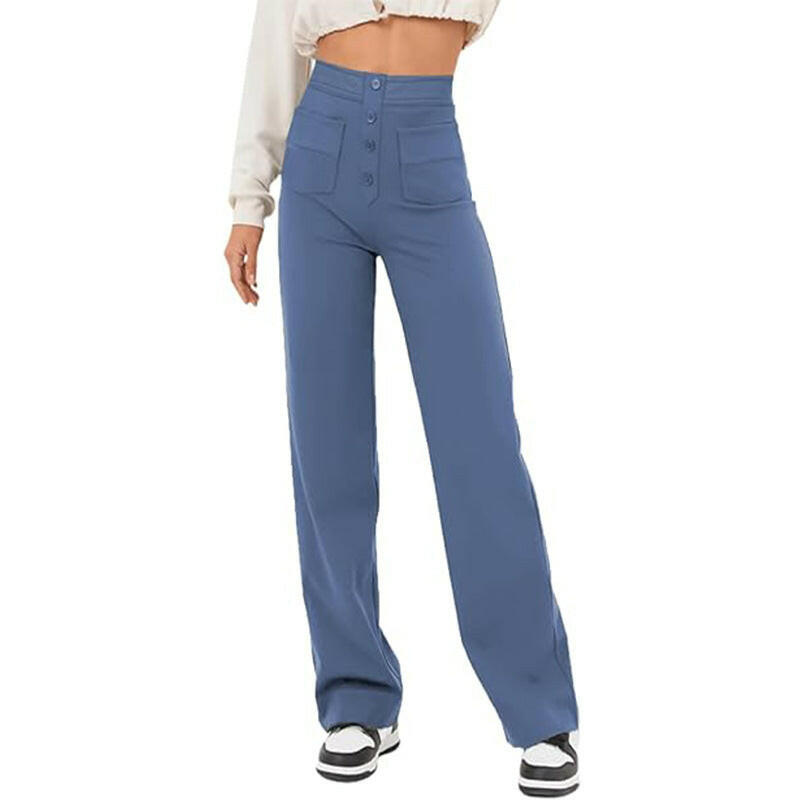 High Waist Trousers With Pockets Casual Loose Wide Leg Button Straight Pants Women's Clothing.