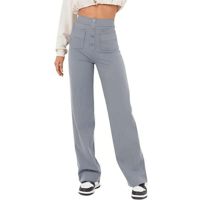 High Waist Trousers With Pockets Casual Loose Wide Leg Button Straight Pants Women's Clothing.