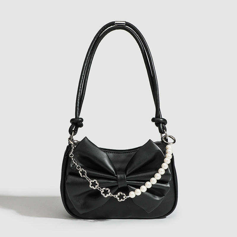Black White PU Bow Handbags Autumn Winter Ladies Underarm Tote Bags Fashion Simple Pearl Chain Shoulder Bag Small Purse.