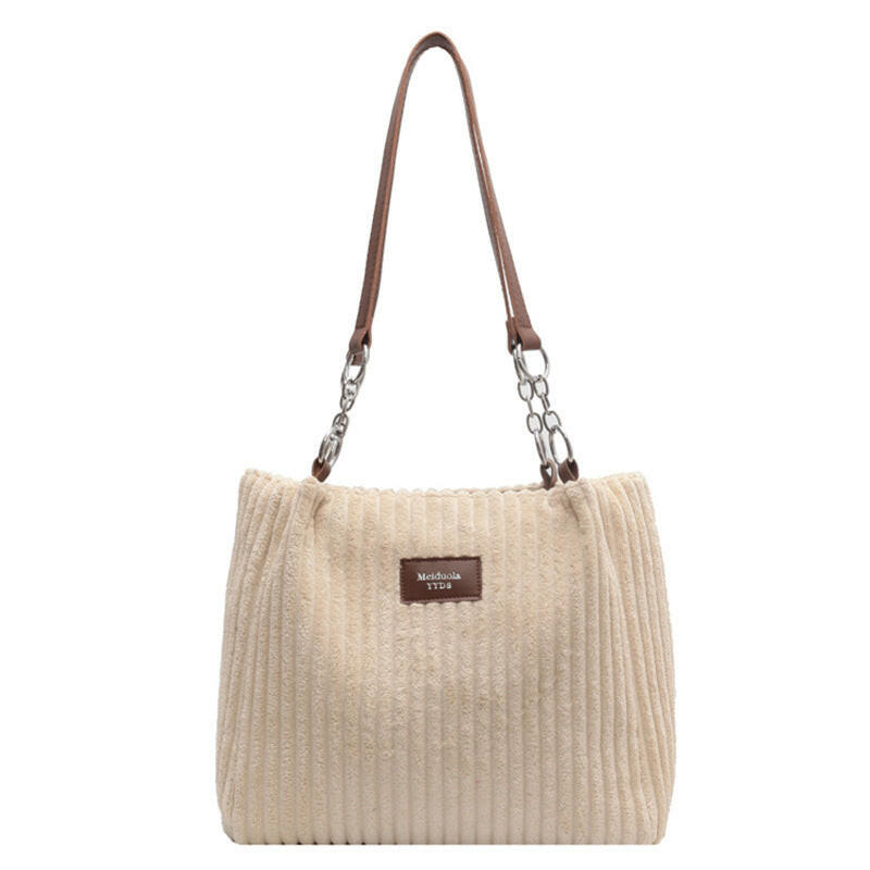 Retro Large Capacity Shoulder Bag Casual Simple Portable Shopper Tote Bag Corduroy Solid Commuter Zipper Women's Handbag Kashur Mart .