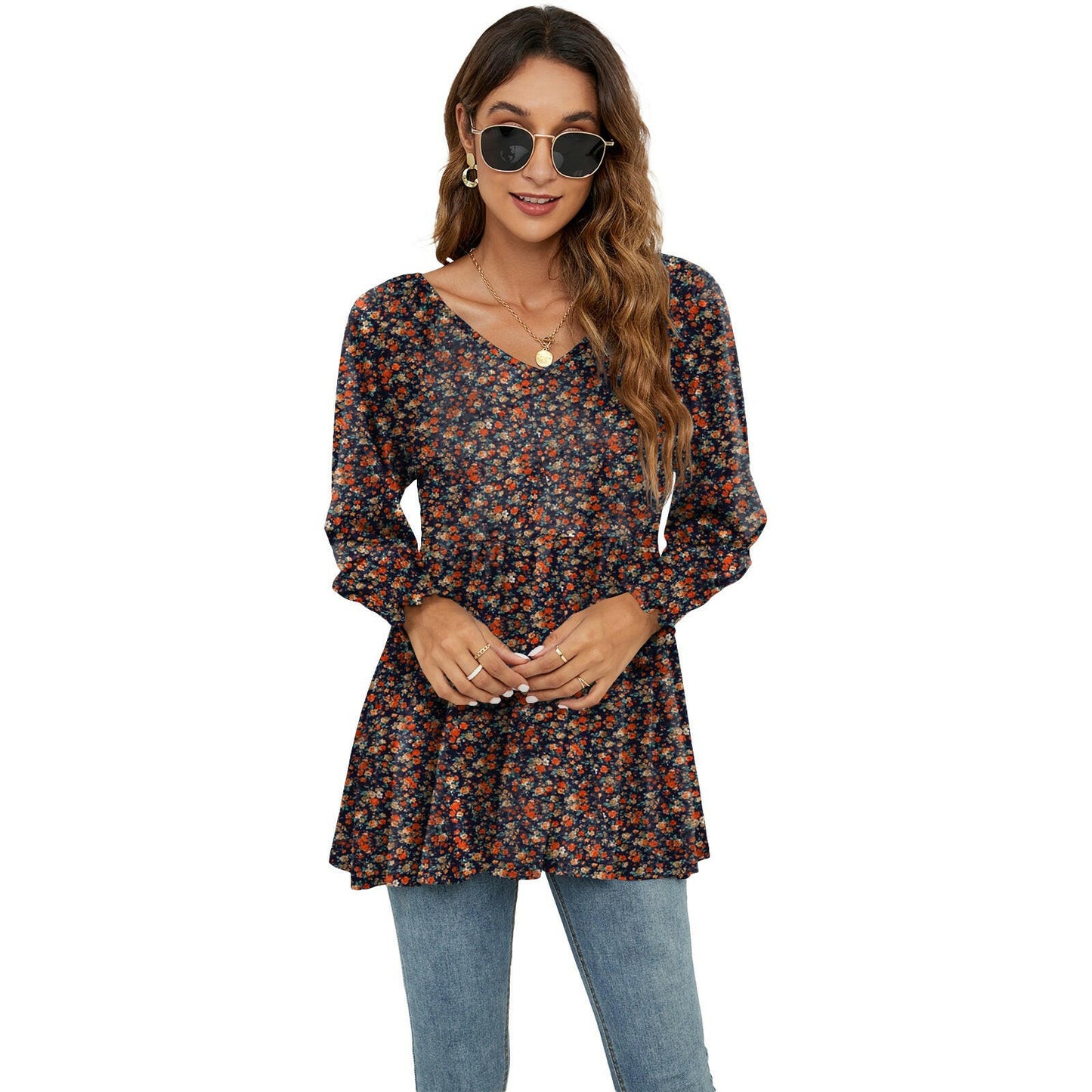 Long Puff Sleeve Tops Women Flowers Print Casual V-Neck Blouse T-Shirts Babydoll Tops.