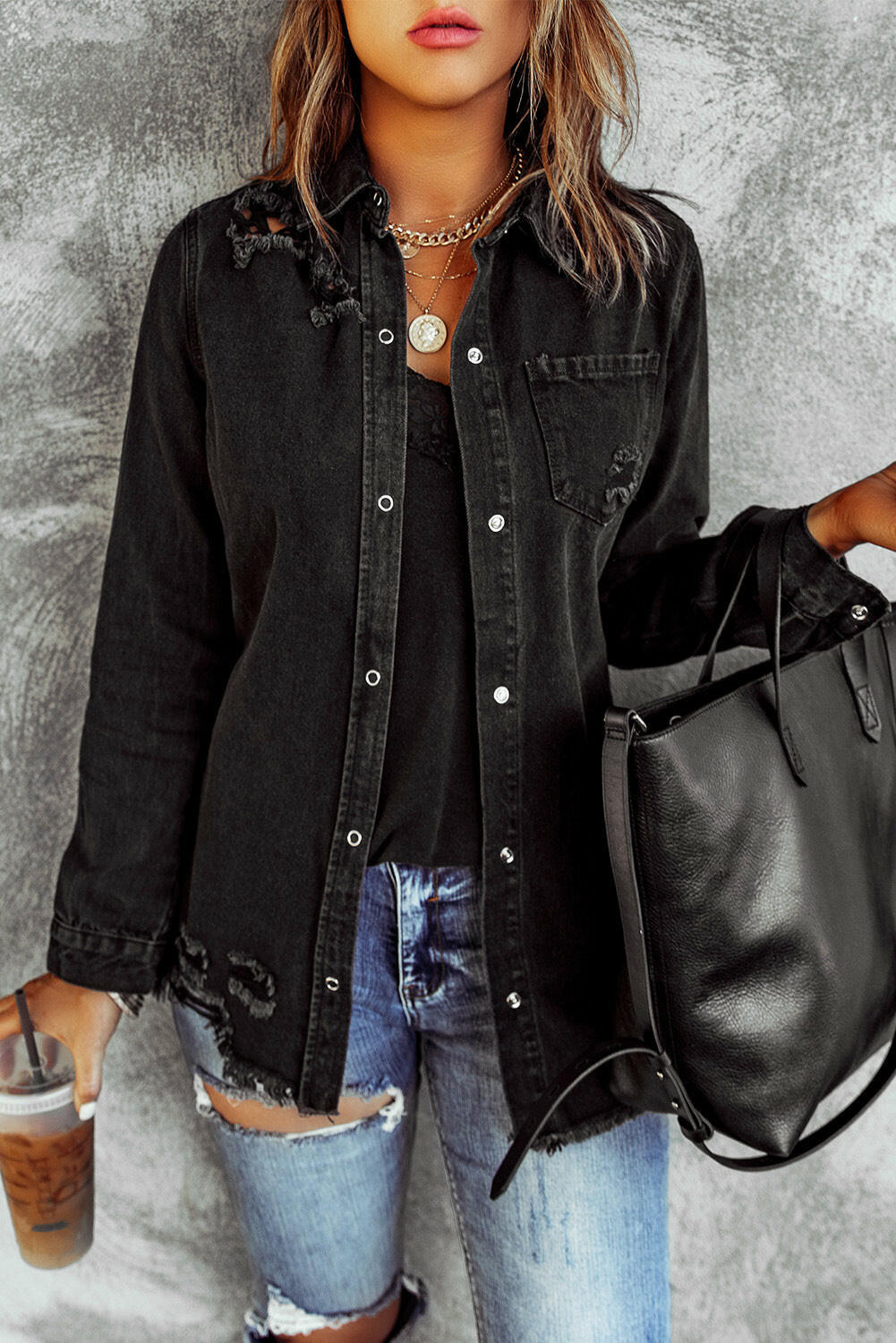 Black Ripped Shirt Denim Long Sleeve Coat Jacket Women.