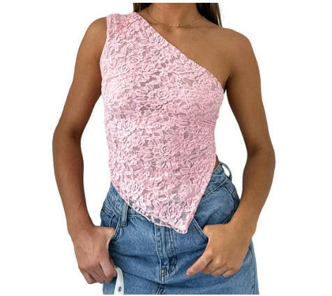 Ins Lace Backless Top Summer Solid Color Waistless Asymmetrical Sloped Neck Vest Streetwear Womens Clothes.