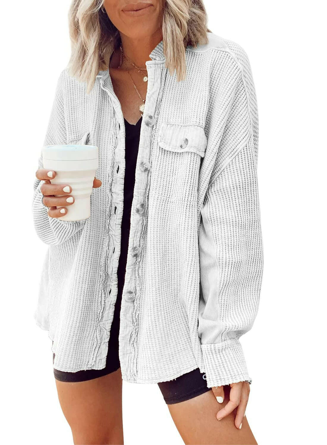 Button Shirt Jacket Women Lapel Long Sleeve Blouse Fashion Jacket Tops.