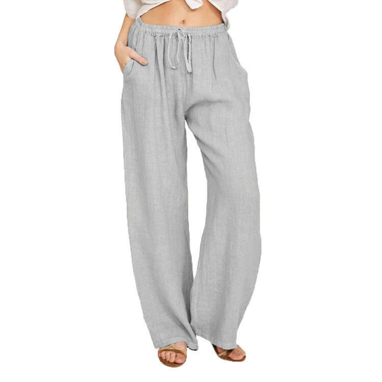 Soft Casual Drawstring Tie Trousers Summer Elastic Waist Loose Jogger Pants With Pockets.