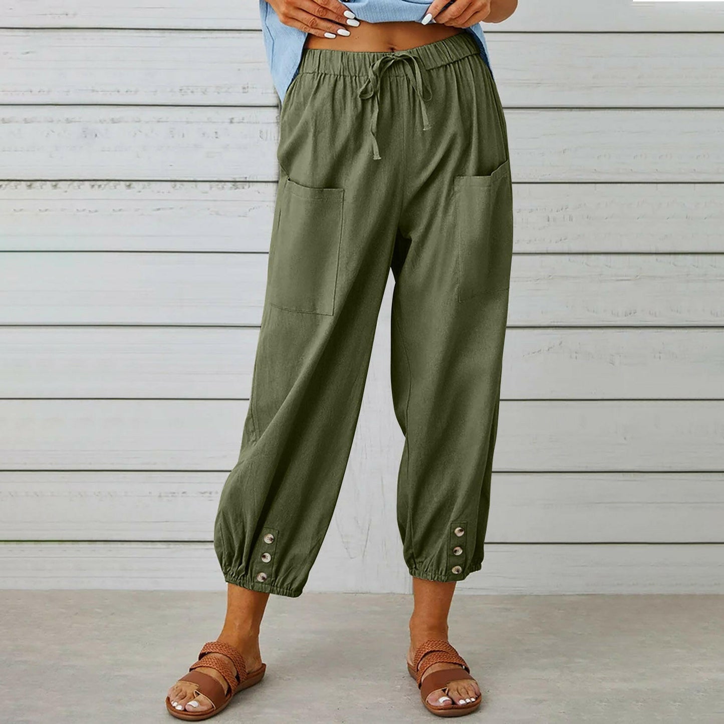 Women Drawstring Tie Pants Spring Summer Cotton And Linen Trousers With Pockets Button.