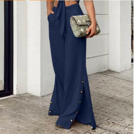 Spring Fashion High Waist Cotton Linen Wide Leg Pants.