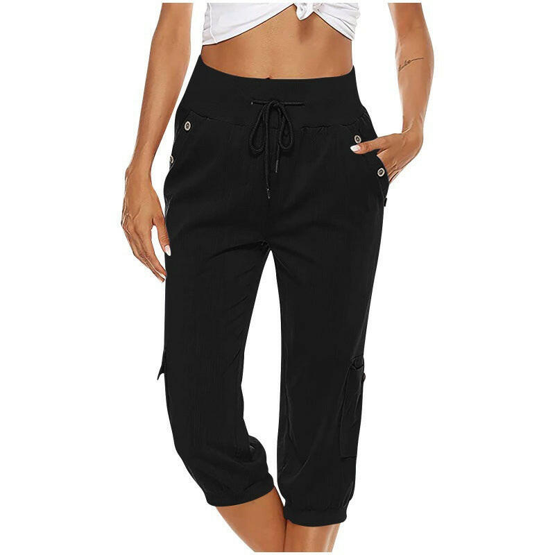 Women's Cropped Pants Cotton Linen Cargo Pocket Casual Pants.
