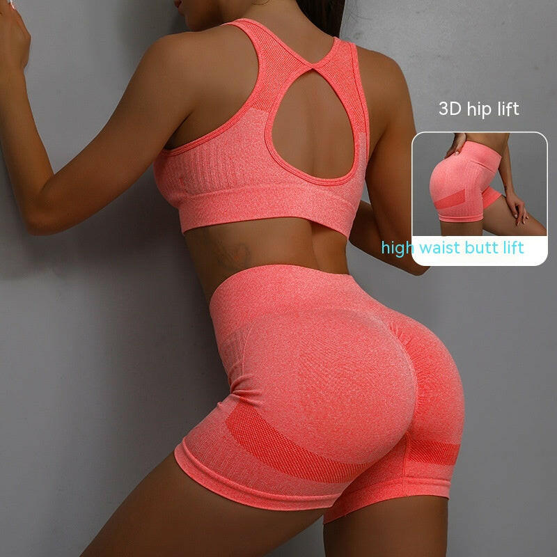 2pcs Sports Fitness Yoga Suit Breathable Hip-lifting Shorts And Hollow Out Back Bra Womens Clothing.