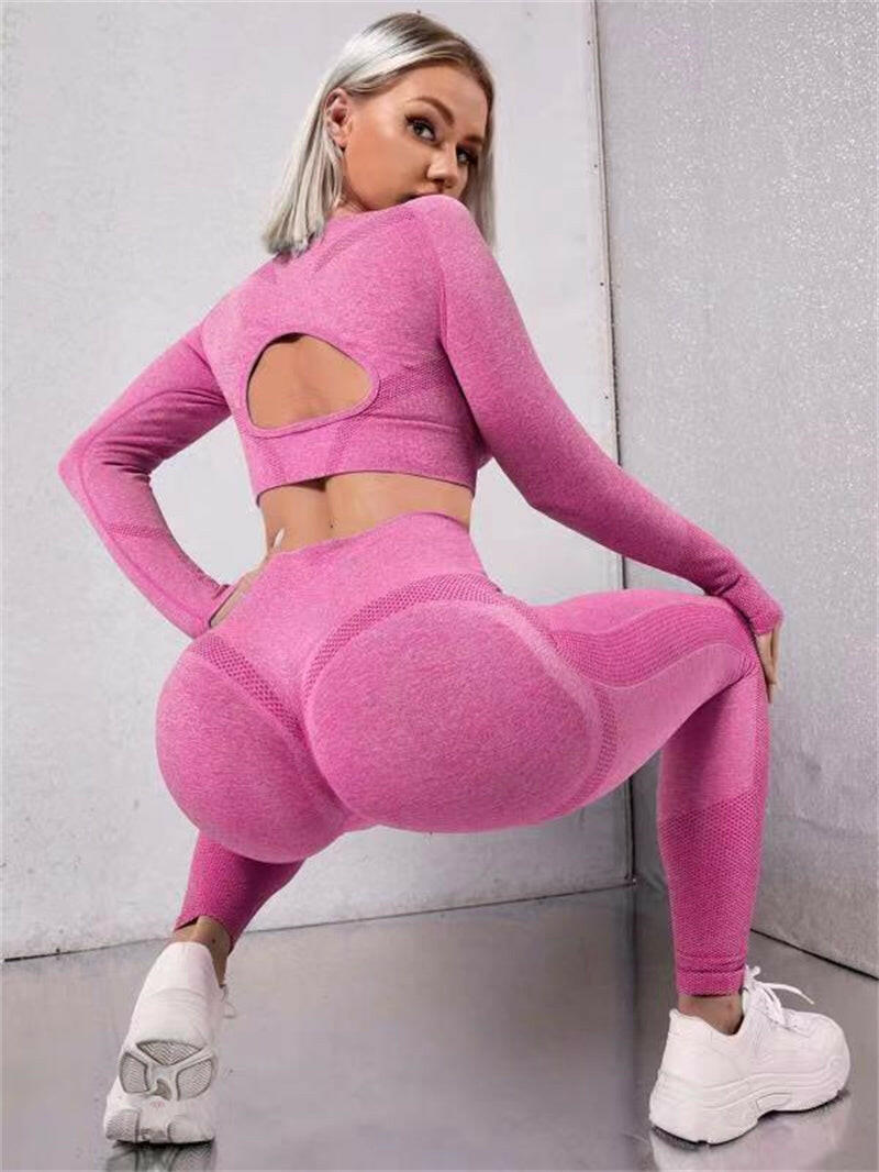2pcs Sports Suits Long Sleeve Hollow Design Tops And Butt Lifting High Waist Seamless Fitness Leggings Sports Gym Sportswear Outfits Clothing.
