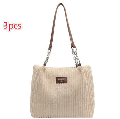 Retro Large Capacity Shoulder Bag Casual Simple Portable Shopper Tote Bag Corduroy Solid Commuter Zipper Women's Handbag Kashur Mart .