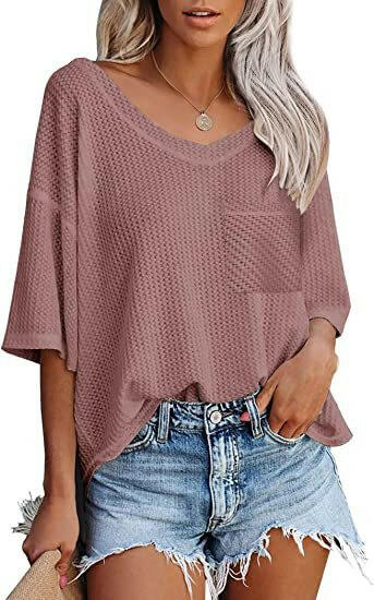 V-neck Shirts Women Summer Short Sleeve Green Tops With Patched Pocket.