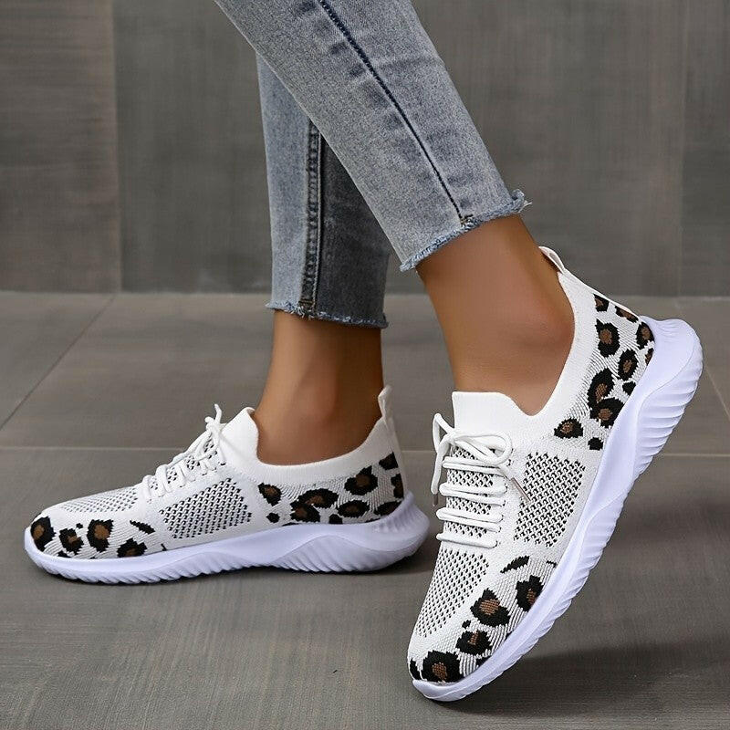 White Shoes Women Leopard Print Lace-up Sneakers Sports.