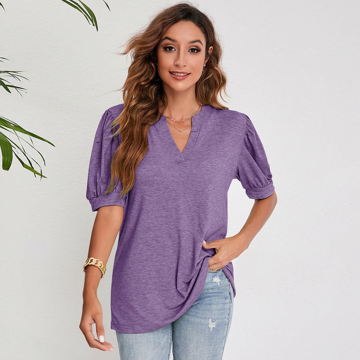 Women's Pleated Puff Sleeve Tops Summer V Neck T Shirts Casual Loose Blouses.