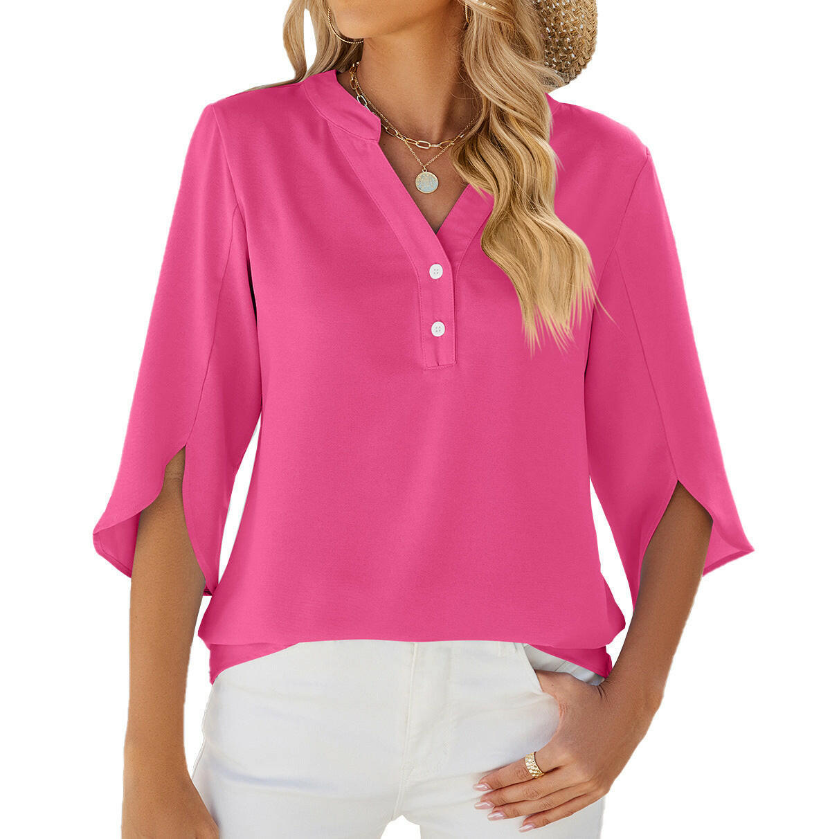 Button V-neck Mid-sleeve Chiffon Shirt Solid Color Top Womens Clothing.