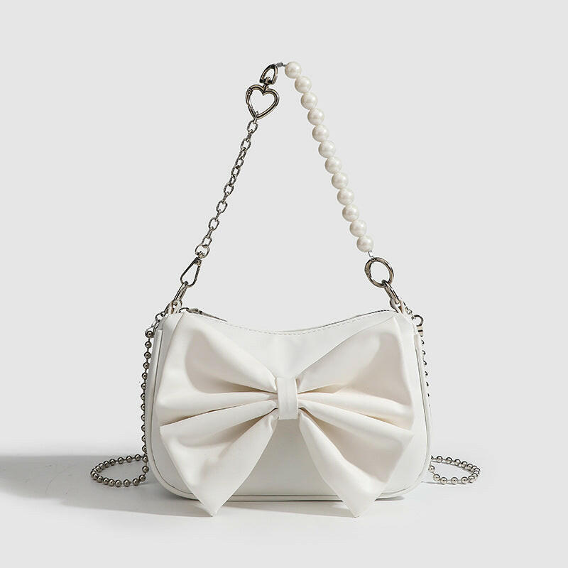 Black White PU Bow Handbags Autumn Winter Ladies Underarm Tote Bags Fashion Simple Pearl Chain Shoulder Bag Small Purse.