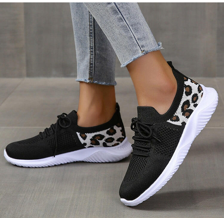 White Shoes Women Leopard Print Lace-up Sneakers Sports.