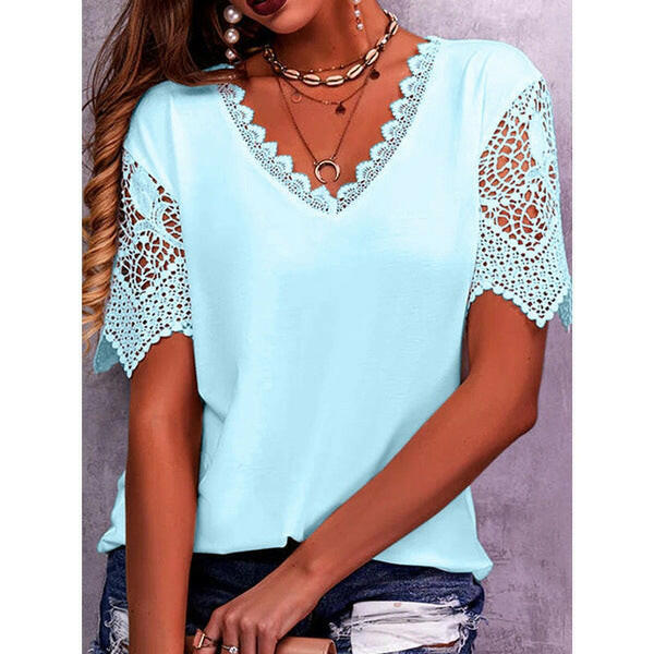 Lace Tops Women Summer Loose V Neck Short Sleeve Casual Shirts.