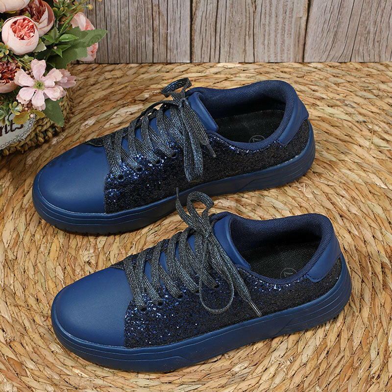 Glitter Sequin Design Flats Shoes Women Trendy Casual Thick-soled Lace-up Sneakers Fashion Skateboard Shoes.