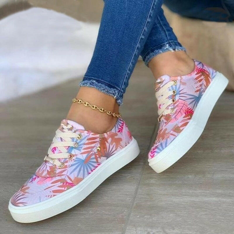 Canvas Shoes For Women Lace-Up Flats Leaves Print Casual Sneakers Round Toe Shoes.