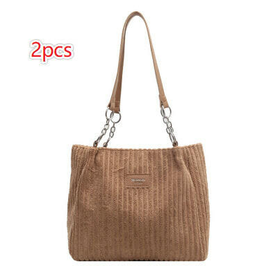 Retro Large Capacity Shoulder Bag Casual Simple Portable Shopper Tote Bag Corduroy Solid Commuter Zipper Women's Handbag Kashur Mart .
