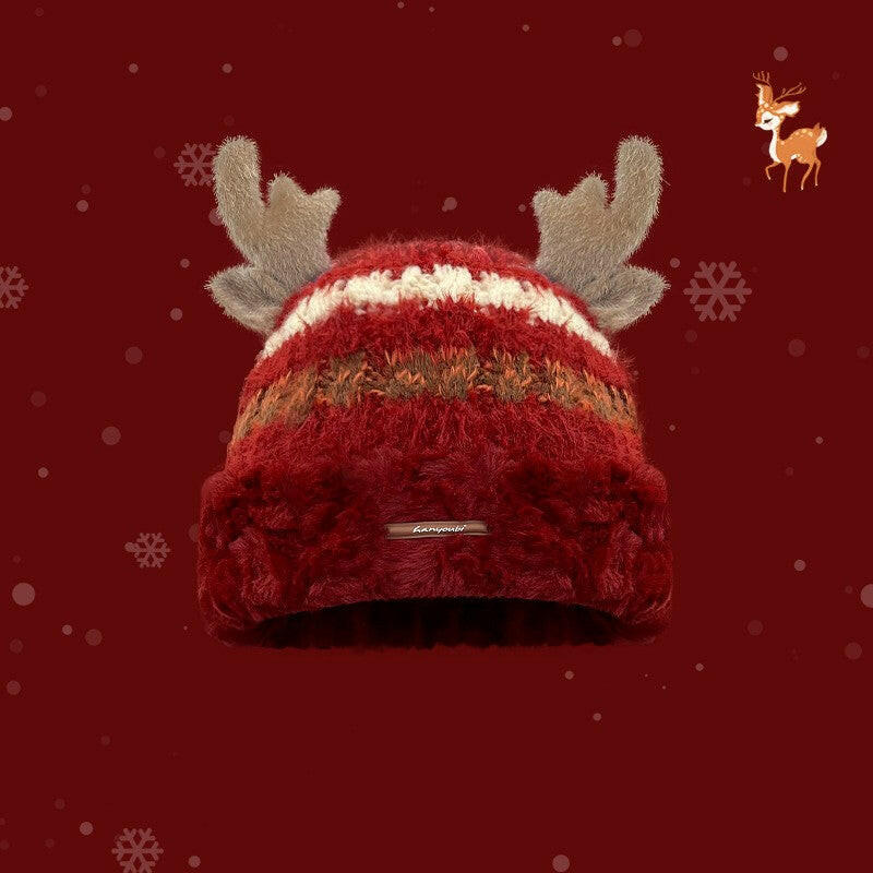Christmas Knitted Hat With Cute Deer Antler Winter Warm Thick Hat For Girls Women.