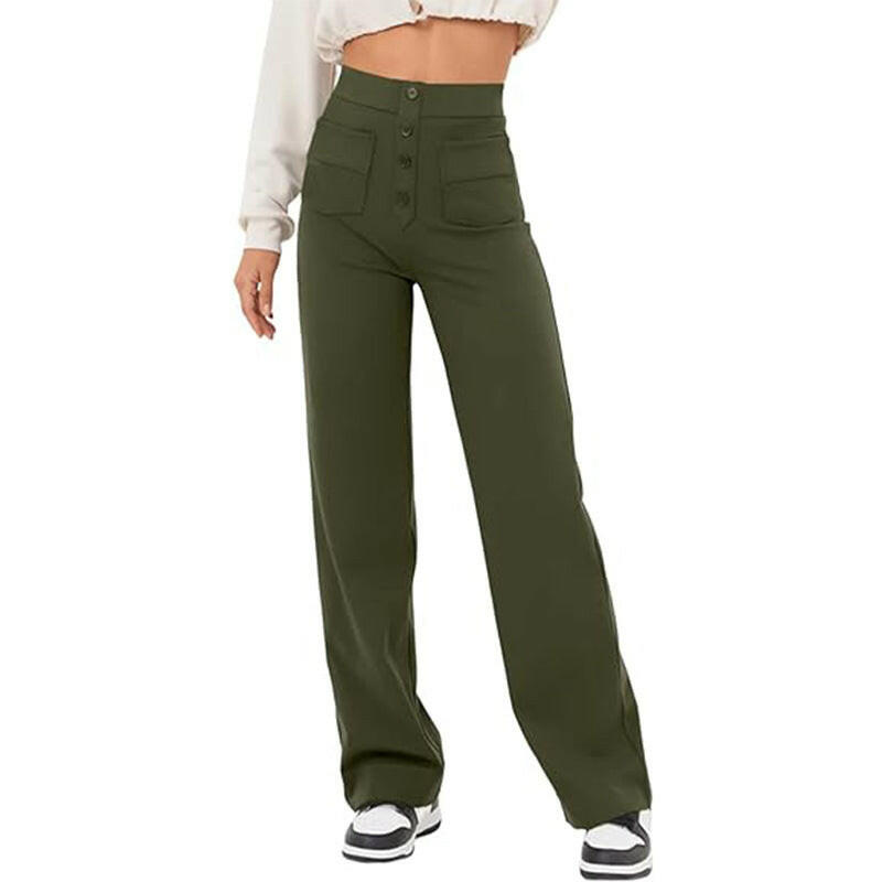 High Waist Trousers With Pockets Casual Loose Wide Leg Button Straight Pants Women's Clothing.