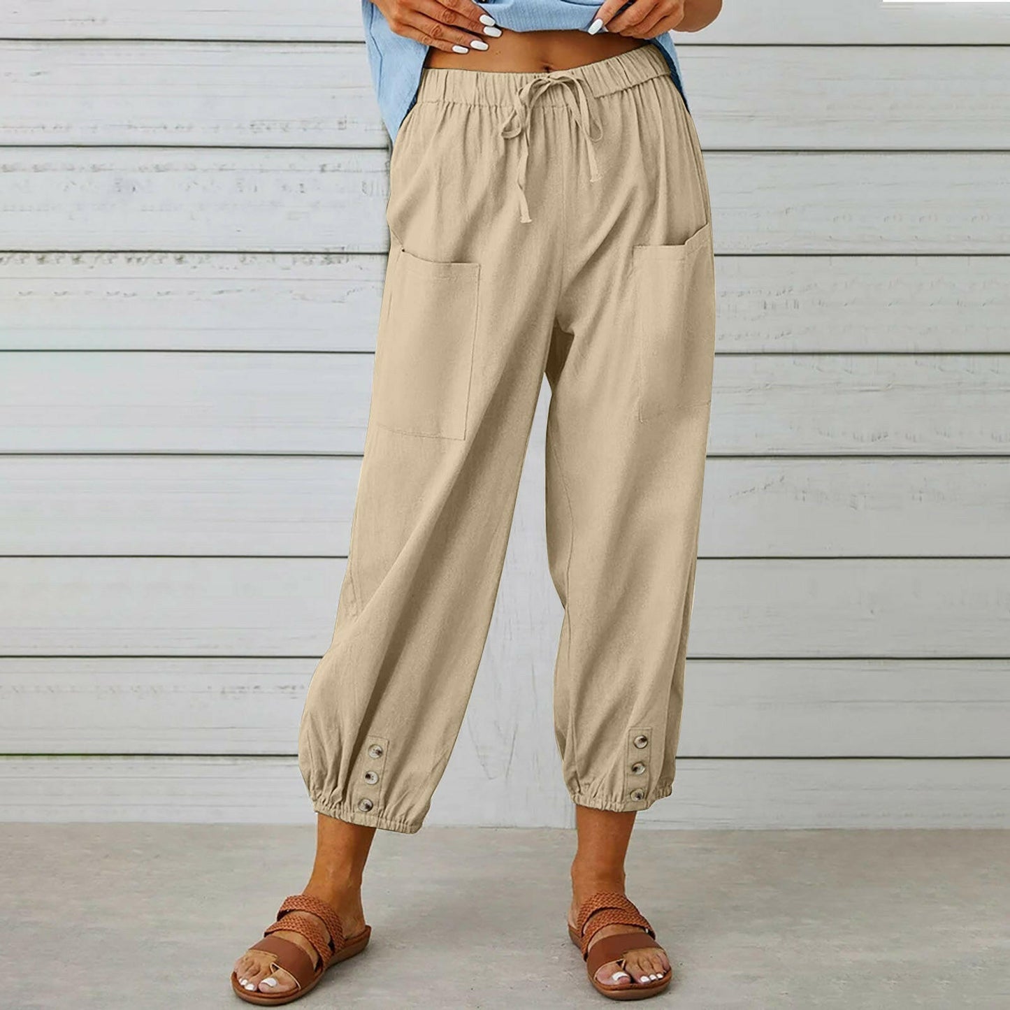 Women Drawstring Tie Pants Spring Summer Cotton And Linen Trousers With Pockets Button.