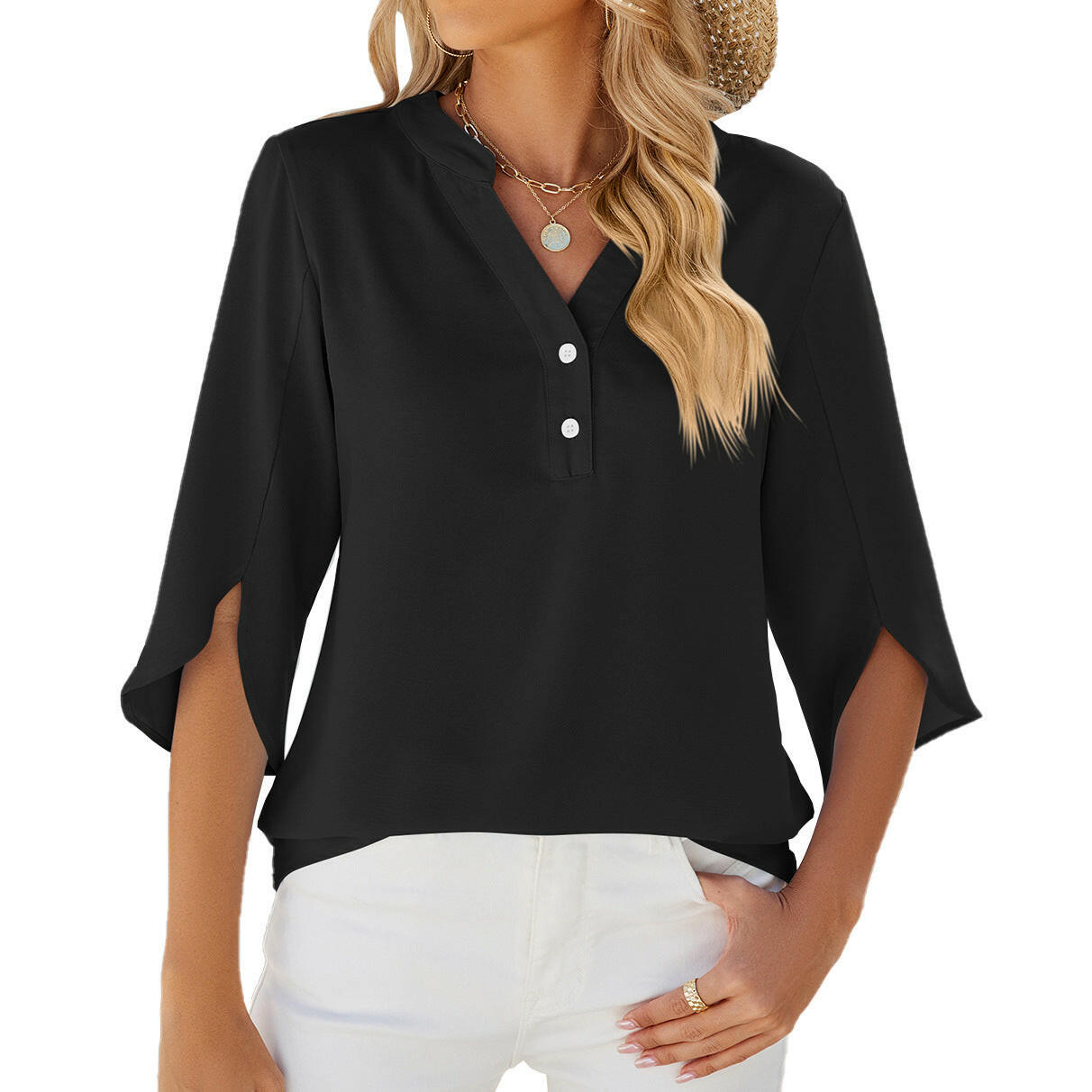 Button V-neck Mid-sleeve Chiffon Shirt Solid Color Top Womens Clothing.