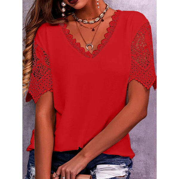 Lace Tops Women Summer Loose V Neck Short Sleeve Casual Shirts.