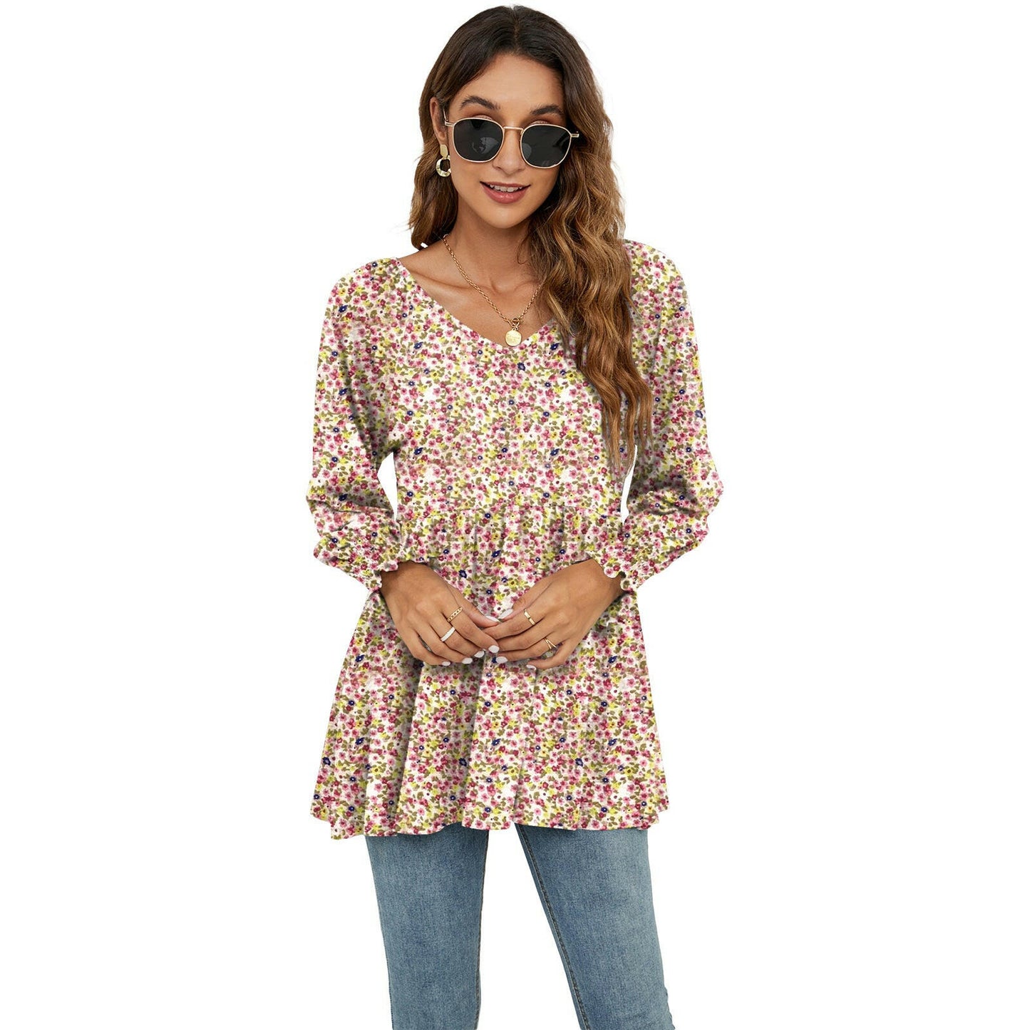 Long Puff Sleeve Tops Women Flowers Print Casual V-Neck Blouse T-Shirts Babydoll Tops.