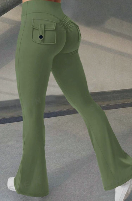 Yoga Fitness Flared Pants With Pockets Ins Fashion Slim High Waist Sports Trousers Scrunch Butt Booty Workout Lifting Leggings.